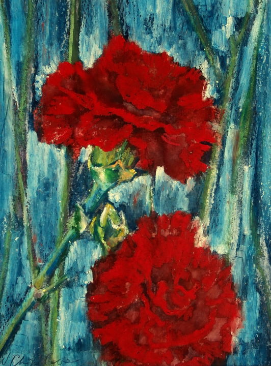 Картина под названием "Œillets rouges sur…" - Nathalia Chipilova, Подлинное произведение искусства, Акрил