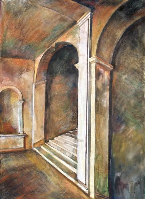 Pittura intitolato "Escaliers" da Nathalia Chipilova, Opera d'arte originale, Acquarello