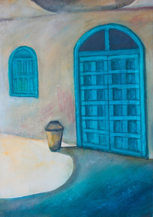 Painting titled "Porte bleue tunisie…" by Nathalia Chipilova, Original Artwork, Watercolor Mounted on Cardboard