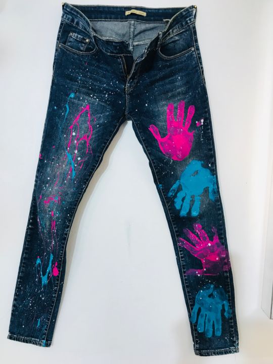 Art textile intitulée "Jeans" par Tess, Œuvre d'art originale, Acrylique