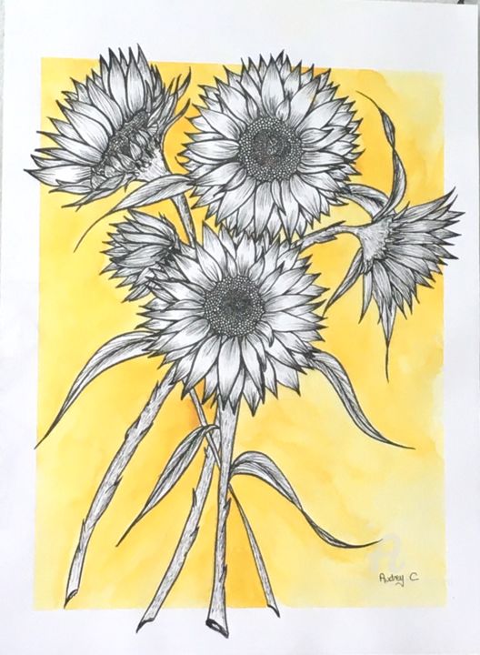 Disegno intitolato "Tournesols" da Mzelle Cecca Artwork, Opera d'arte originale, Pennarello