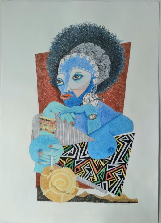 Drawing titled "mulher azul" by Augusto Paulo, Original Artwork, Pencil