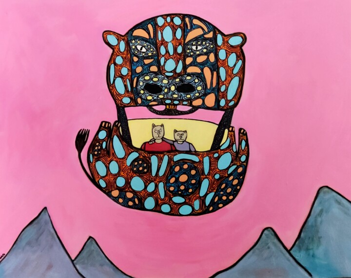 Картина под названием "La vache montgolfiè…" - Aorlius, Подлинное произведение искусства, Акрил