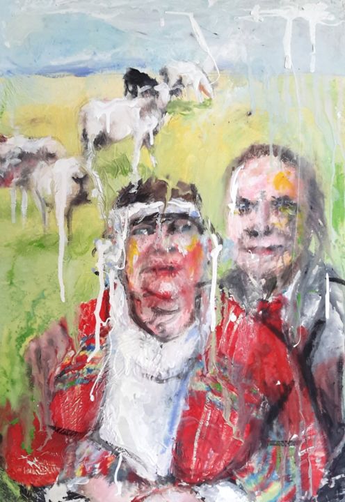 Painting titled "Couple aux moutons" by Aurore Lanteri, Original Artwork, Wax Mounted on Cardboard