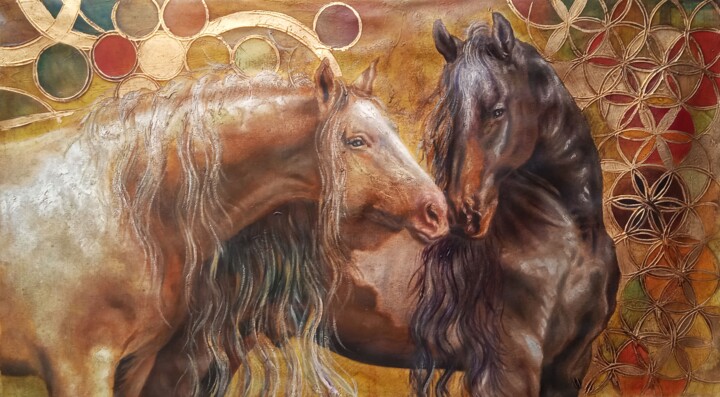 Painting titled "LOVE OF HORSES WITH…" by Avanstro, Original Artwork, Oil
