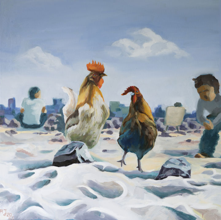 Painting titled "Chicken on the Beac…" by Axel Jung, Original Artwork, Oil