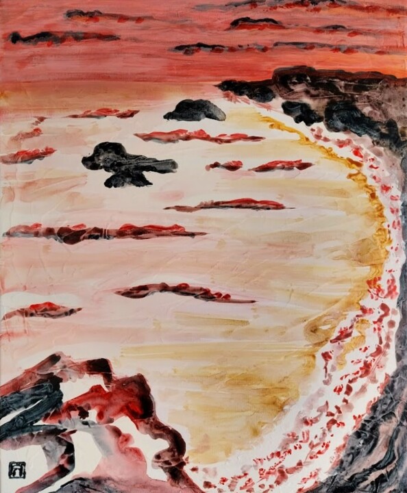 「un soir sur la plag…」というタイトルの絵画 Ayako Guerinによって, オリジナルのアートワーク, アクリル ウッドストレッチャーフレームにマウント