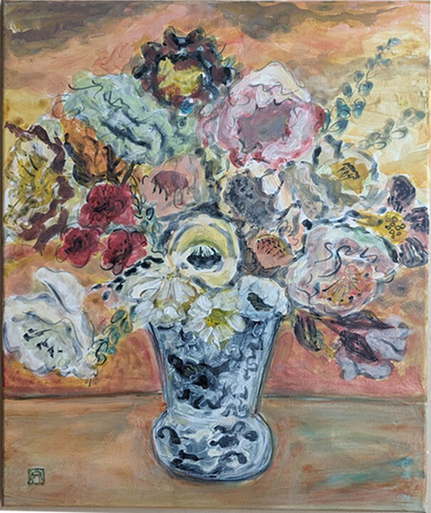 Painting titled "fleurs au vase asia…" by Ayako Guerin, Original Artwork, Acrylic Mounted on Wood Stretcher frame