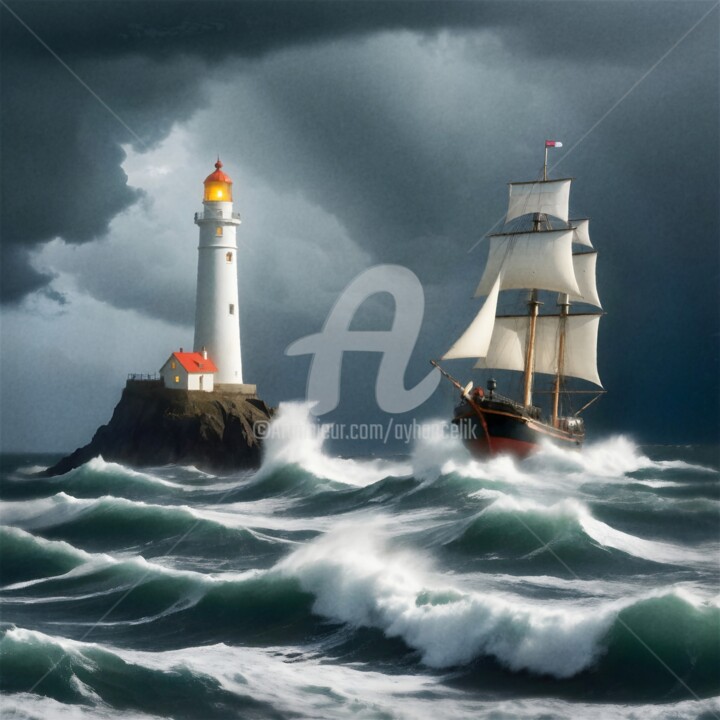 Arte digital titulada "Lighthouses V" por Ayhan Çeli̇K, Obra de arte original, Imagen generada por IA