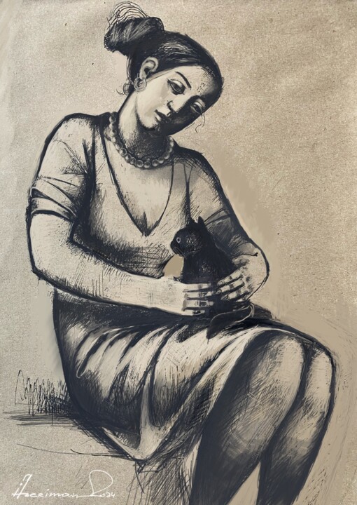 Dessin intitulée "Girl with a cat-3" par Azeriman, Œuvre d'art originale, Stylo gel