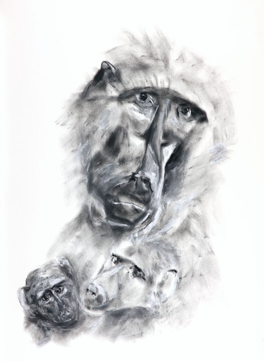 Rysunek zatytułowany „steppe baboon family” autorstwa Babett Landsberger, Oryginalna praca, Pastel