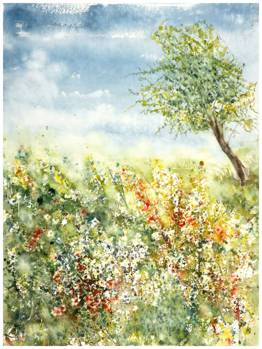 Peinture intitulée "sea of flowers" par Babett Landsberger, Œuvre d'art originale, Aquarelle