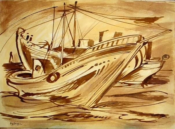 Drawing titled "sepiaBoat1" by Koiliar Is, Original Artwork