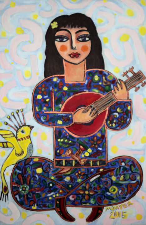 Peinture intitulée "Girl and bird" par Bahador, Œuvre d'art originale, Acrylique