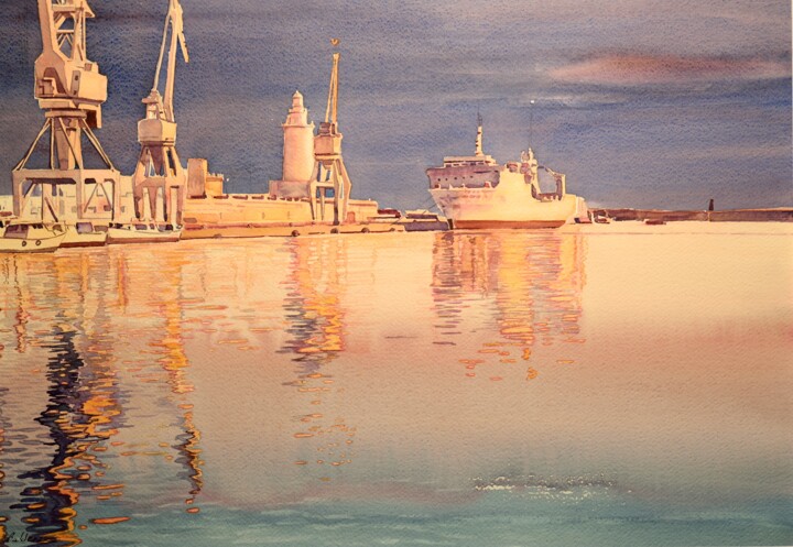 Schilderij getiteld "Ocaso en el puerto…" door Balderas, Origineel Kunstwerk, Aquarel