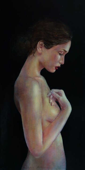 Painting titled "Nude" by Barbara Ābeltiņa, Original Artwork, Oil Mounted on Wood Stretcher frame