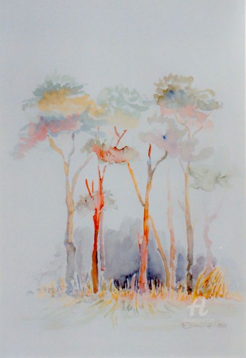 Peinture intitulée "Kieferngruppe" par Barbara Dominé, Œuvre d'art originale, Aquarelle