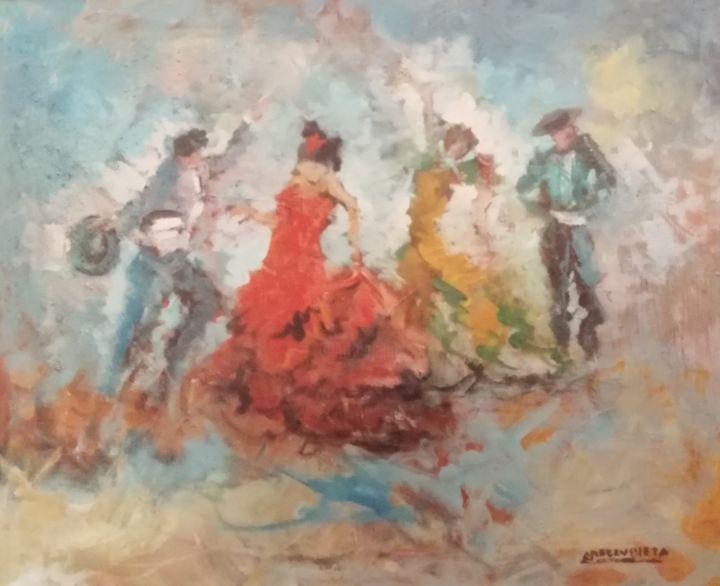 Malerei mit dem Titel "SEVILLANAS-FANDANGO" von Obras De Carlos Arrecubieta, Original-Kunstwerk, Aquarell Auf Holzplatte mon…