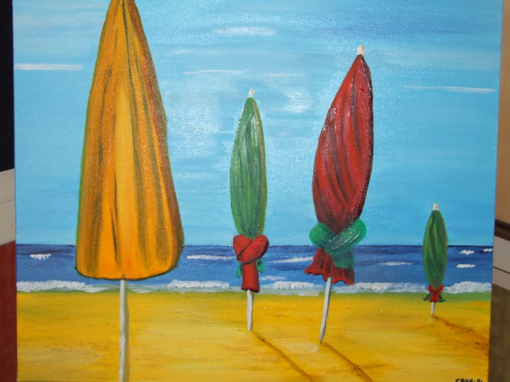 Painting titled "les parasols de Dea…" by Christelle Barbier Saint Hilaire, Original Artwork, Oil