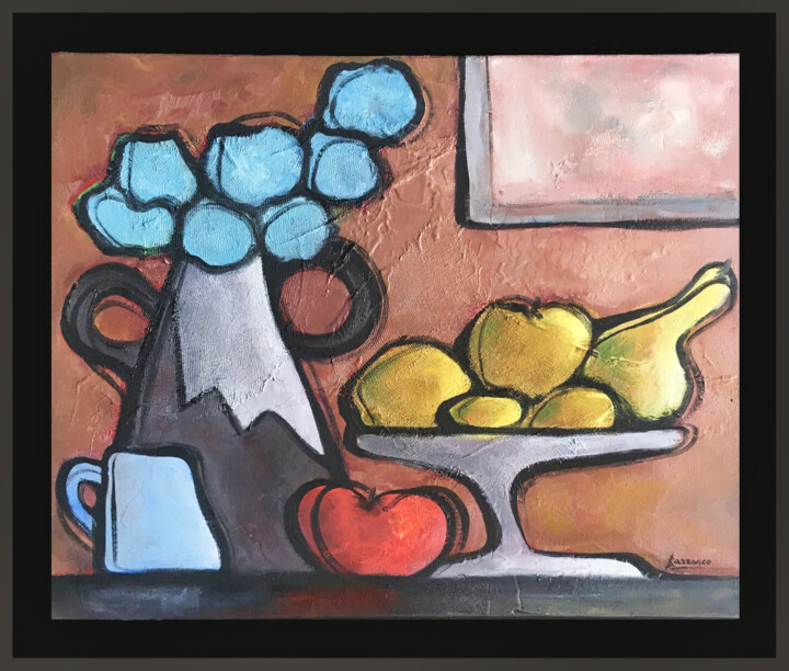 Peinture intitulée "Fruits et fleurs" par René Barranco, Œuvre d'art originale, Huile Monté sur Châssis en bois
