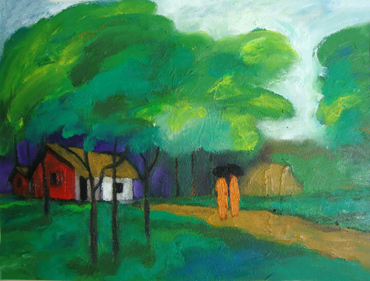 Malarstwo zatytułowany „Village Life - Wind…” autorstwa Basil Cooray, Oryginalna praca, Olej Zamontowany na Drewniana rama n…