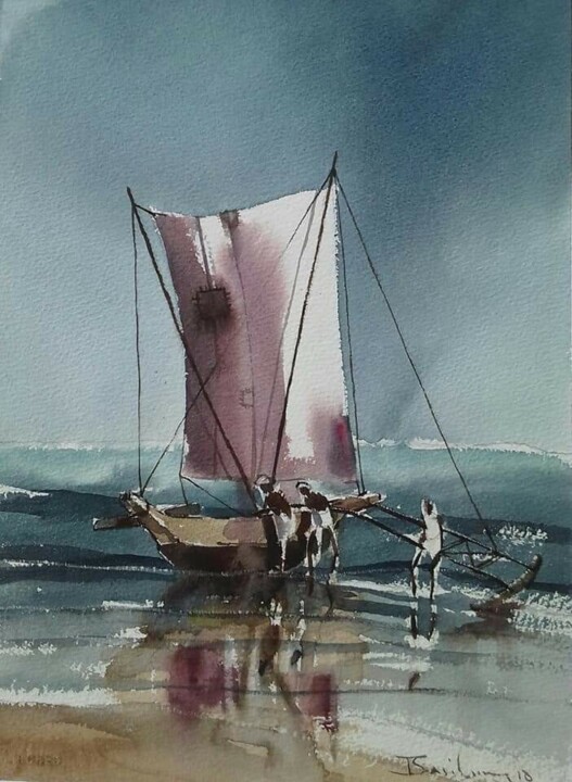 Painting titled "Life at Sea - End o…" by Basil Cooray, Original Artwork, Watercolor Mounted on Glass