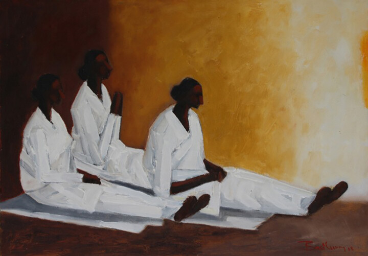 Painting titled "Religious Observanc…" by Basil Cooray, Original Artwork, Oil Mounted on Wood Stretcher frame