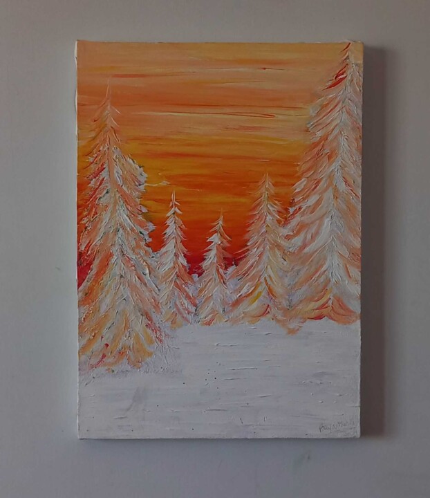 Malerei mit dem Titel "sunset, snow and pi…" von Bayan Mahdi, Original-Kunstwerk, Acryl