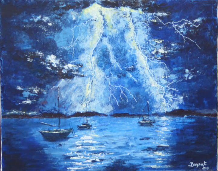 Painting titled "orage et bateaux" by Marie Baysset, Original Artwork, Acrylic Mounted on Wood Stretcher frame