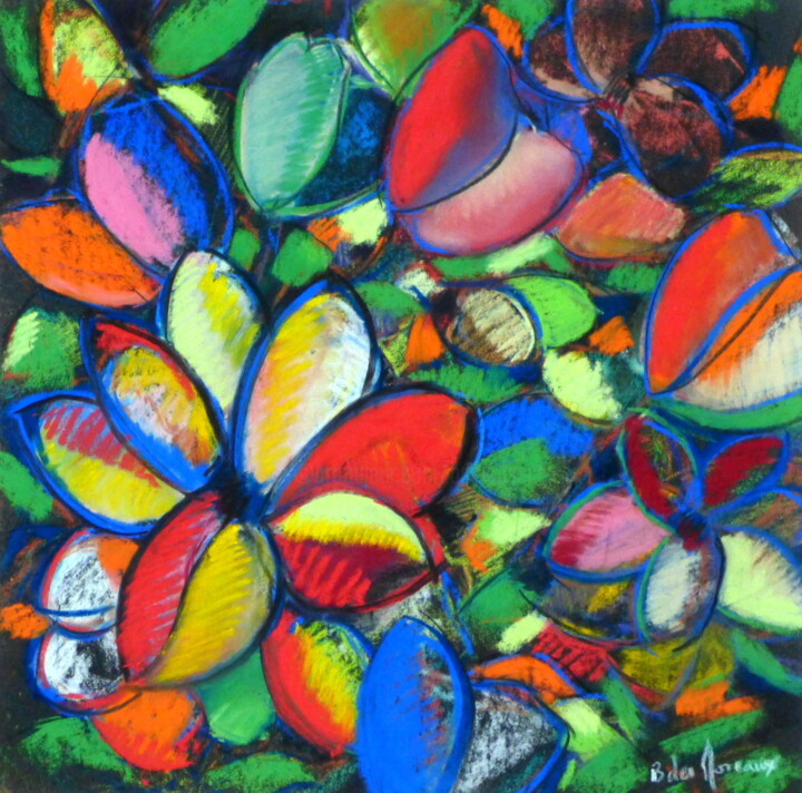绘画 标题为“Fleurs Imaginaires 3” 由Bernard Des Roseaux, 原创艺术品, 粉彩 安装在木板上