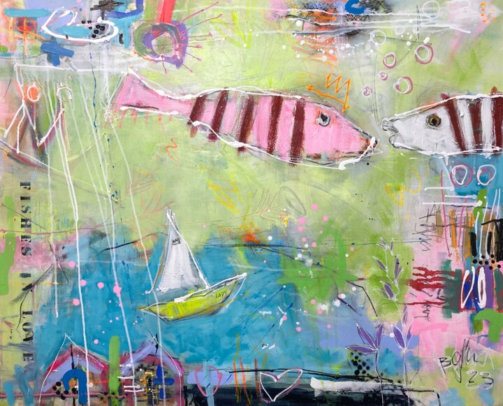 「Fishes In Love No.6」というタイトルの絵画 Beate Garding Schubertによって, オリジナルのアートワーク, アクリル ウッドストレッチャーフレームにマウント