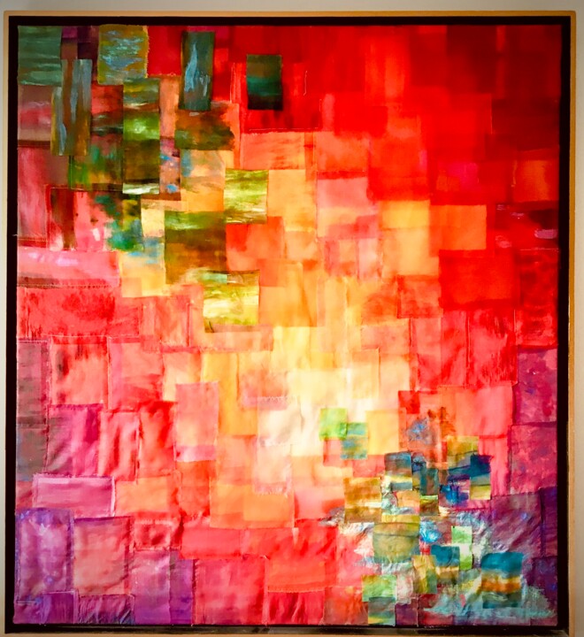 Textile Art titled "PAYSAGE INTERIEUR" by Béatrice Marty, Original Artwork, Patchwork Mounted on Wood Stretcher frame