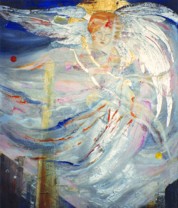 Painting titled "ANGEL CUPIDO." by Beatriz Zucaro, Original Artwork, Acrylic Mounted on Wood Stretcher frame