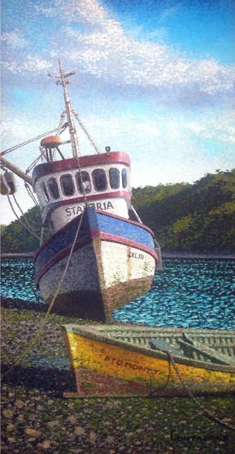 Pittura intitolato "Fishing boat" da Cristián Contreras Delgado, Opera d'arte originale