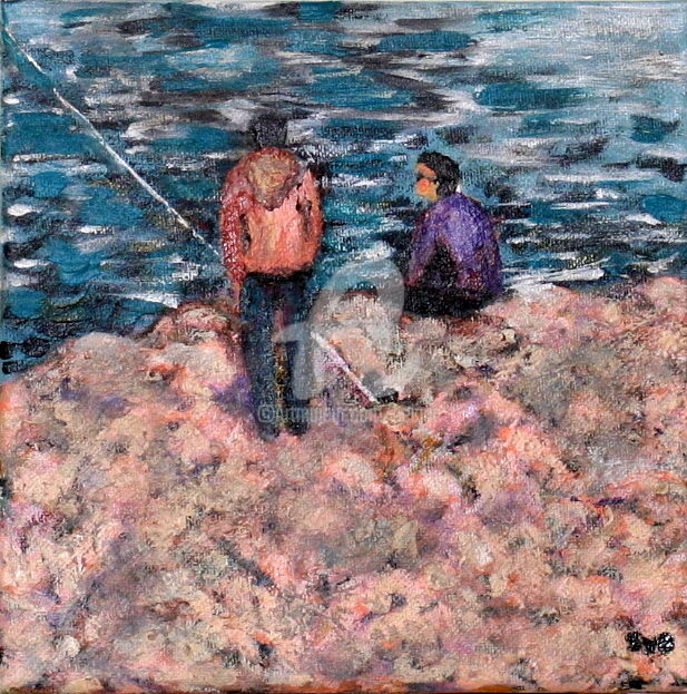 Painting titled "Fishermen" by Svetlana Belenkin, Original Artwork, Acrylic Mounted on Wood Stretcher frame