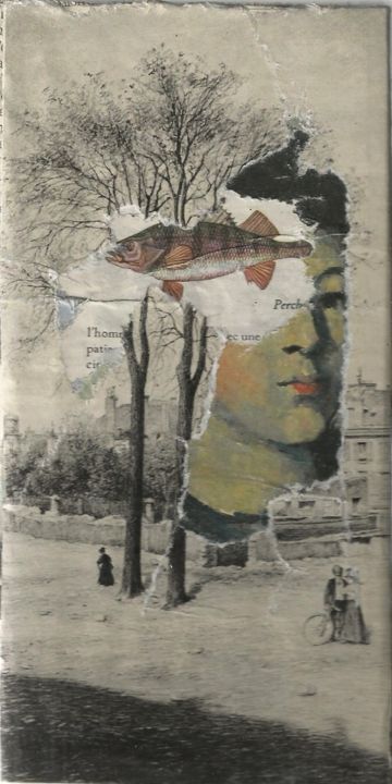 Collages getiteld "Le poisson et l'enf…" door Bettina Louis, Origineel Kunstwerk