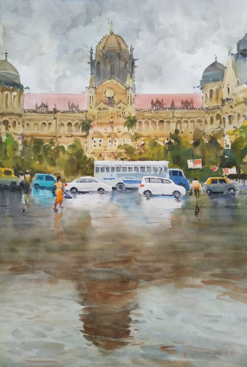 Painting titled "Mumbai Monsoon 1" by Bhargavkumar Kulkarni, Original Artwork, Watercolor