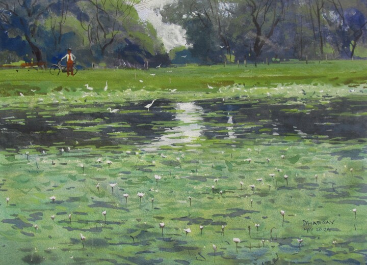 Painting titled "Water lilies in lake" by Bhargavkumar Kulkarni, Original Artwork, Watercolor