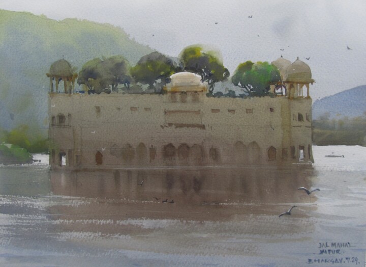 Картина под названием "Jal Mahal, Jaipur 2" - Bhargavkumar Kulkarni, Подлинное произведение искусства, Акварель