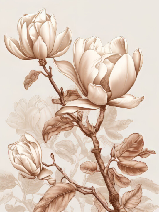 Digital Arts titled "Beige Flowers 3" by Bilge Paksoylu, Original Artwork, AI generated image