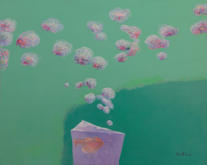 Картина под названием "Fish Can Talk I" - Bin Xu, Подлинное произведение искусства, Масло Установлен на Деревянная рама для…