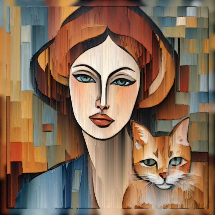 Artes digitais intitulada "Lady and cat" por Beiza Wieland, Obras de arte originais, colagem digital