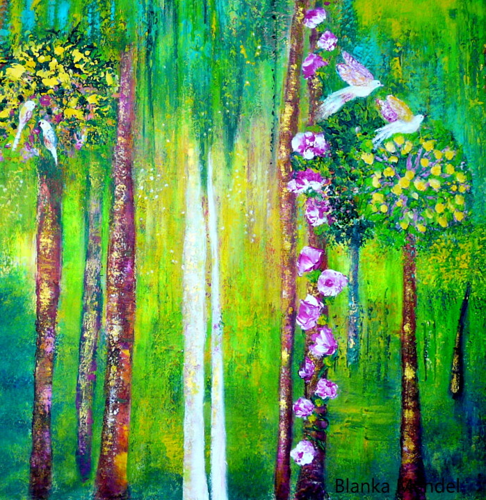 Painting titled "Golden Trees" by Blanka Mandel, Original Artwork, Acrylic Mounted on Wood Panel