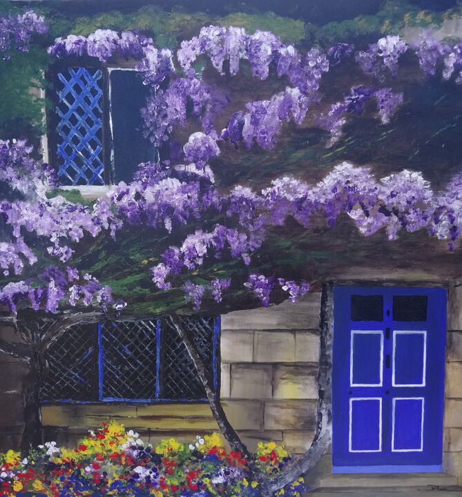 Картина под названием "La maison bleue" - Blm, Подлинное произведение искусства, Акрил Установлен на Деревянная рама для нос…