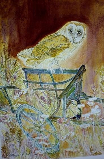 Рисунок под названием "goldenbrownowlsflor…" - Blossom Hackett, Подлинное произведение искусства, Пастель