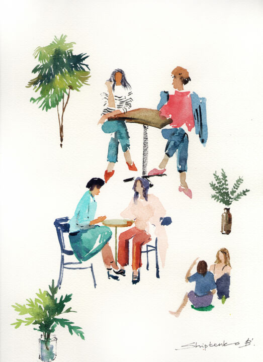 Schilderij getiteld "Meetings" door Bogdan Shiptenko, Origineel Kunstwerk, Aquarel