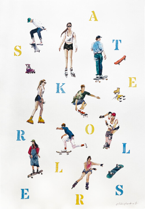 Pintura titulada "Skaters and Rollers" por Bogdan Shiptenko, Obra de arte original, Acuarela