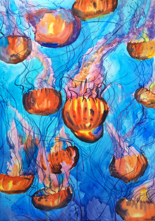 Peinture intitulée "Jellyfish" par Bogdan Shiptenko, Œuvre d'art originale, Aquarelle