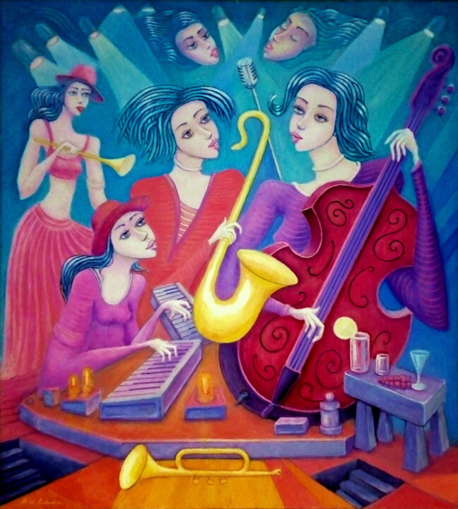 Malerei mit dem Titel "Jazz - panny" von Bohdan Wincenty Łoboda, Original-Kunstwerk, Acryl