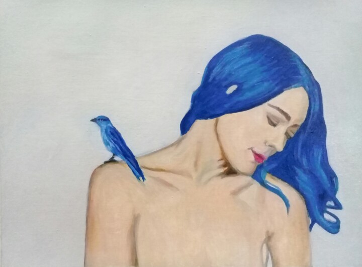 Malerei mit dem Titel "Pájaro azul" von Bonifacio Contreras, Original-Kunstwerk, Öl